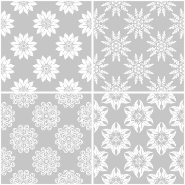 Çiçek desenleri. Tek renkli kesintisiz arka plan gri ve beyaz dizi. Vektör çizim