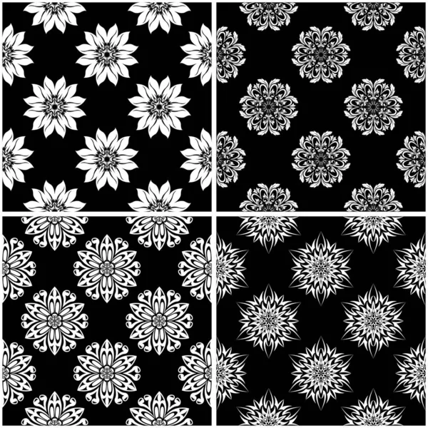 Floral Patterns Set Black White Monochrome Seamless Backgrounds Vector Illustration — Stock Vector