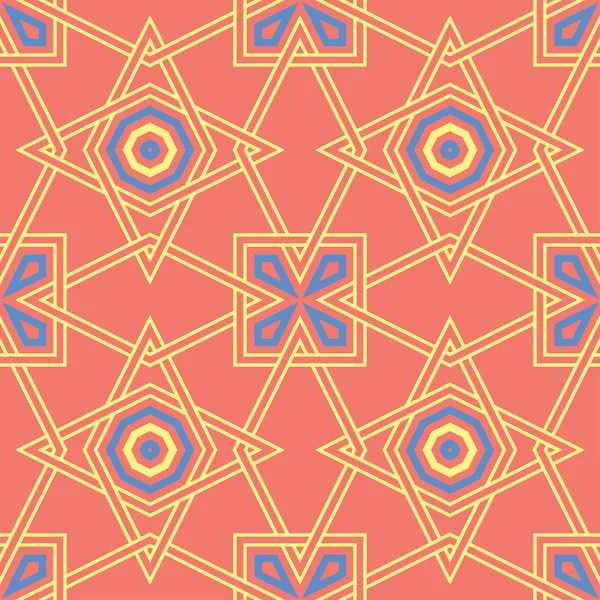几何红色橙色无缝图案 明亮的背景以蓝色和黄色设计为墙纸 纺织品和织品 — 图库矢量图片