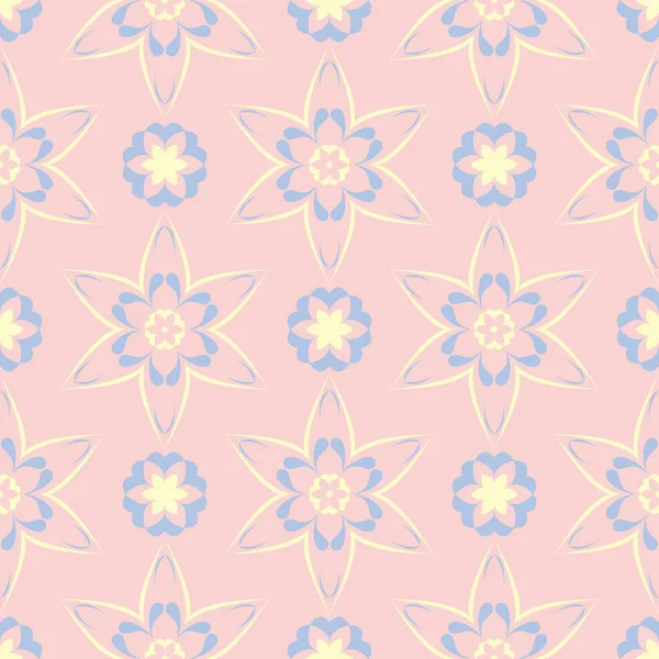 花のシームレスなパターン テキスタイル ファブリックの要素を明るい青と黄色の花と淡いピンクの背景 — ストックベクタ