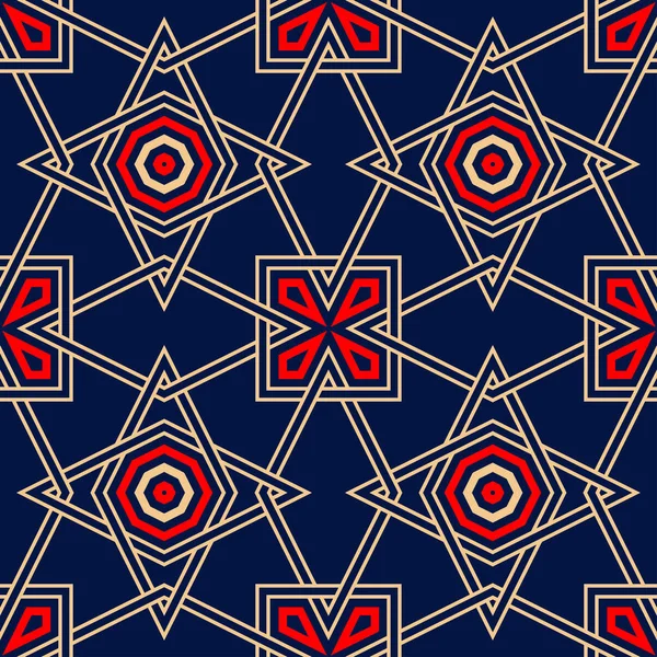 Geometriska Sömlösa Mönster Färgat Rött Och Beige Design Blå Bakgrund — Stock vektor