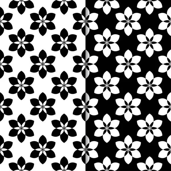 黒と白の花模様の背景 テキスタイルや壁紙のためのシームレスなパターンのセット — ストックベクタ