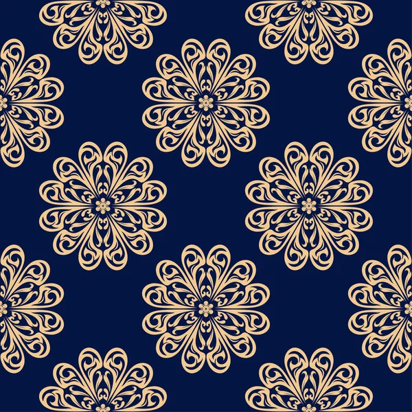 Adorno Floral Dorado Sobre Fondo Azul Oscuro Patrón Sin Costuras — Vector de stock