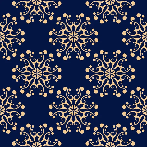 Adorno Floral Dorado Sobre Fondo Azul Oscuro Patrón Sin Costuras — Vector de stock