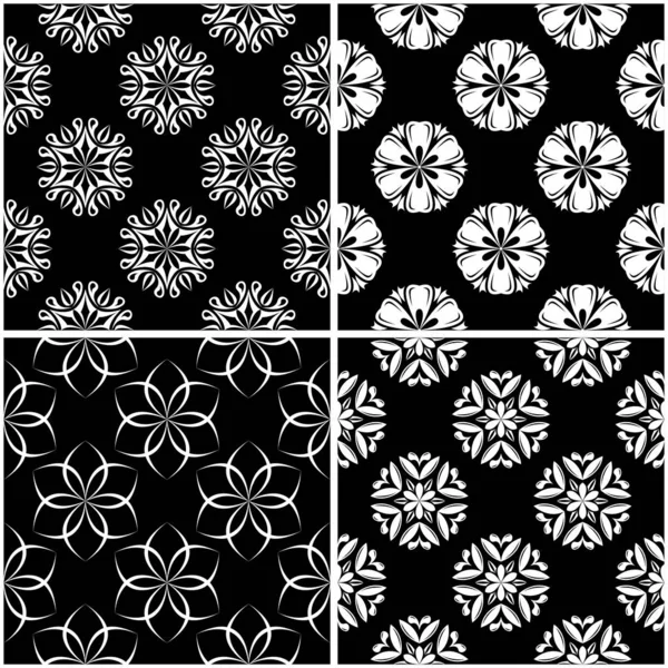 Floral Patterns Set Black White Monochrome Seamless Backgrounds Vector Illustration — Stock Vector