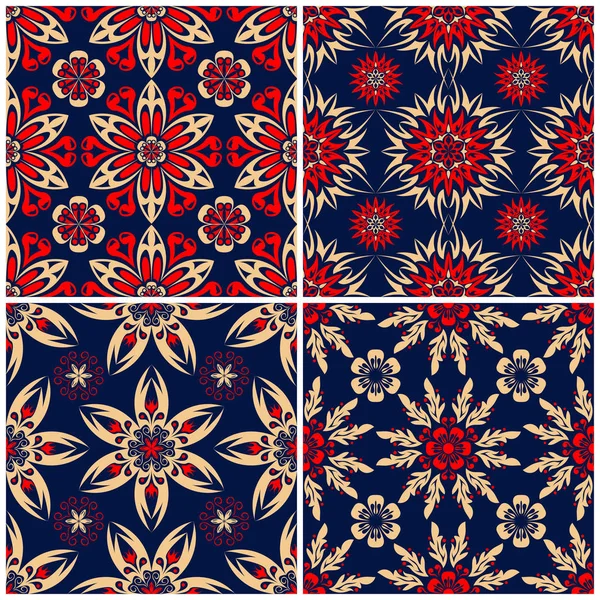 Bezešvé Pozadí Modrá Béžové Červené Klasické Sady Květinovými Vzory Tapety — Stockový vektor