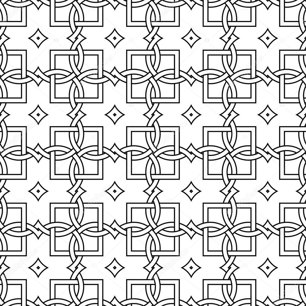 Black geometric ornament on white background. Seamless pattern for web, textile and wallpapers