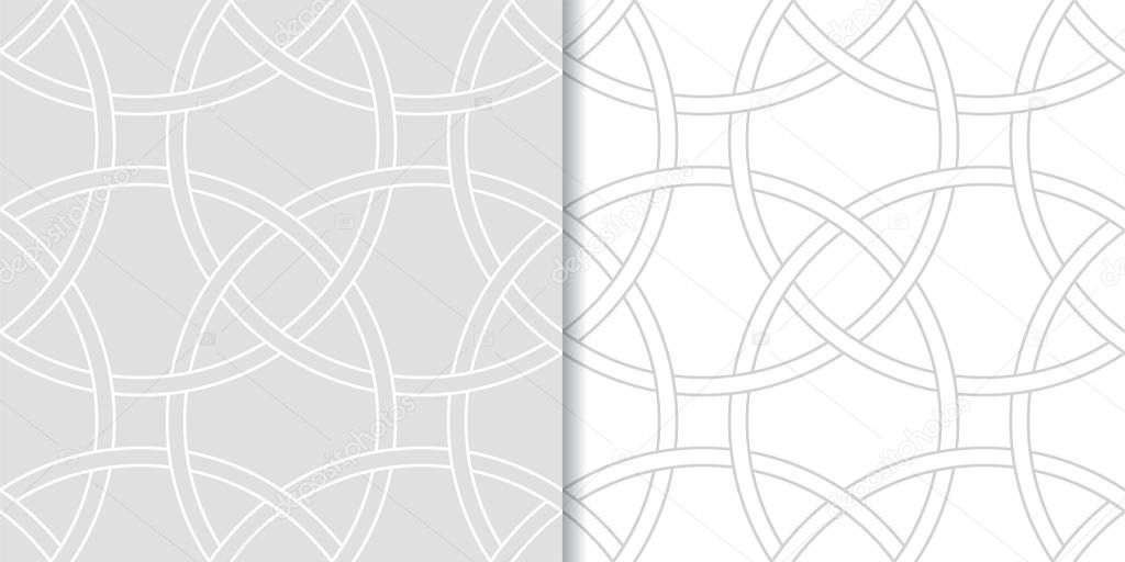 Light gray geometric ornaments. Set of seamless patterns for web, textile and wallpapers