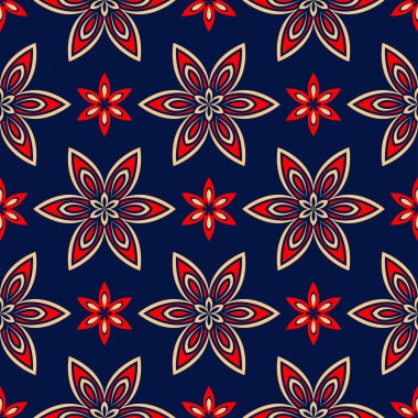 Kesintisiz mavi arka plan. Çiçek bej ve kırmızı desenli duvar kağıtları ve tekstil