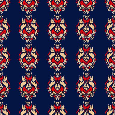 Çiçek sorunsuz ile mavi arka plan kırmızı ve bej desen. Arka plan duvar kağıtları, Tekstil ve kumaş için