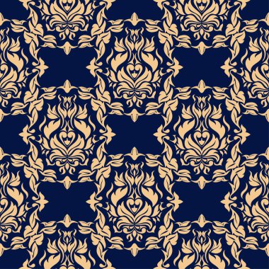 Mavi zemin üzerine altın çiçek. Tekstil ve duvar kağıtları için seamless modeli