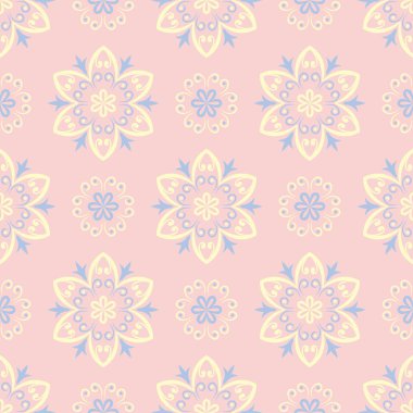 Çiçek soluk pembe sorunsuz bir arka plan. Çiçek desenli duvar kağıtları, Tekstil ve kumaş için ışık mavi ve sarı öğeler