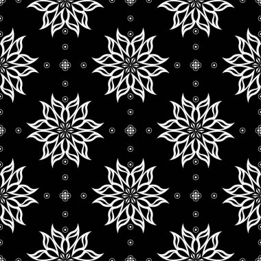 Siyah arka plan üzerine beyaz çiçek süsleme. Tekstil ve duvar kağıtları için seamless modeli