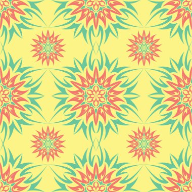 Çiçek tasarım ile Seamless modeli. Parlak sarı arka plan duvar kağıtları, Tekstil ve kumaş için pembe ve yeşil çiçek öğeleri