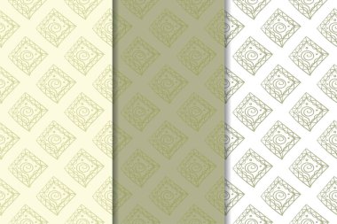 Zeytin yeşili ve beyaz geometrik süsler. Web, Tekstil ve duvar kağıtları için dikey Dikişsiz desen seti