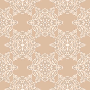 Bej renkli arka plan üzerinde beyaz çiçek süsleme. Tekstil ve duvar kağıtları için seamless modeli