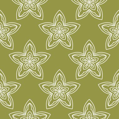 Zeytin yeşil zemin üzerine beyaz çiçek süsleme. Tekstil ve duvar kağıtları için seamless modeli