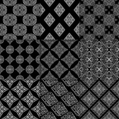 Siyah ve beyaz geometrik süsler. Web, Tekstil ve duvar kağıtları için klasik Dikişsiz desen koleksiyonu