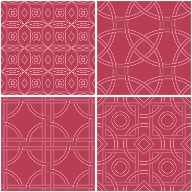 Geometrik desenler. Soluk kırmızı sorunsuz arka planlar kümesi. Vektör çizim