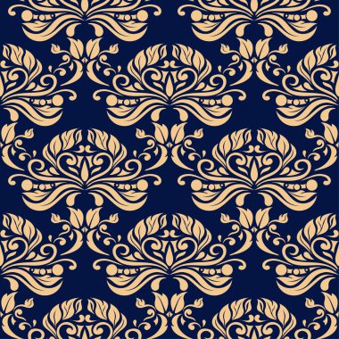 Koyu mavi zemin üzerine altın çiçek süsleme. Tekstil ve duvar kağıtları için seamless modeli