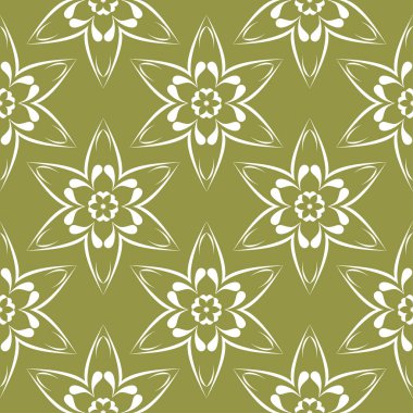 Zeytin yeşil zemin üzerine beyaz çiçek süsleme. Tekstil ve duvar kağıtları için seamless modeli
