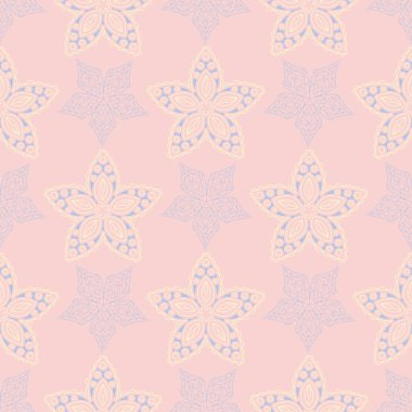 Çiçek soluk pembe seamless modeli mavi ve bej tasarımları ile. Arka plan duvar kağıtları, Tekstil ve kumaş için