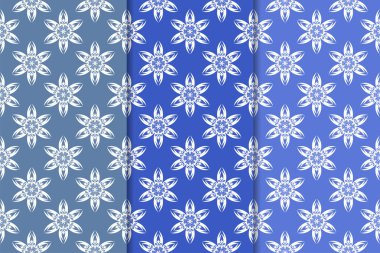 Mavi çiçekli süs tasarım kümesi. Duvar kağıtları ve kumaşlar için dikey Dikişsiz desen