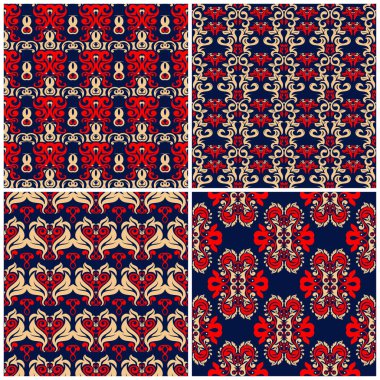 Sorunsuz arka planlar. Duvar kağıtları, Tekstil ve kumaş çiçek desenleri ile mavi klasik bej ve kırmızı belirler