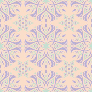 Bej renkli çiçek arka plan. Duvar kağıtları, Tekstil ve kumaş için mor ve mavi elemanları ile Seamless modeli