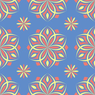 Çiçek seamless modeli. Duvar kağıtları, Tekstil ve kumaş için mavi arka plan üzerinde kırmızı ve sarı çiçek öğeleri