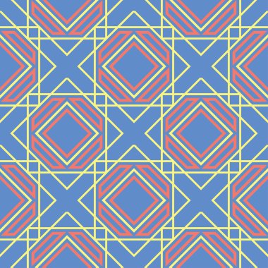Geometrik seamless modeli. Mavi arka plan duvar kağıtları, Tekstil ve kumaş için kırmızı ve sarı tasarımı ile