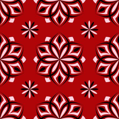 Sorunsuz çiçek arka plan. Kırmızı zemin üzerinde siyah-beyaz desen.