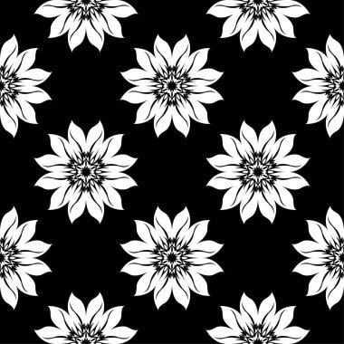 Siyah arka plan üzerine beyaz çiçek süsleme. Tekstil ve duvar kağıtları için seamless modeli