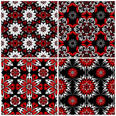 Sorunsuz arka planlar. Siyah beyaz ve kırmızı klasik duvar kağıtları, Tekstil ve kumaş çiçek desenleri ile ayarlar
