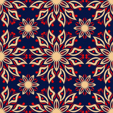 Çiçek sorunsuz ile mavi arka plan kırmızı ve bej desen. Arka plan duvar kağıtları, Tekstil ve kumaş için