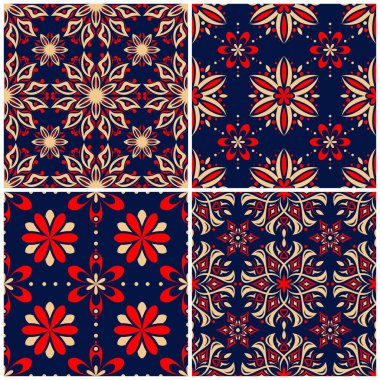 Sorunsuz arka planlar. Duvar kağıtları, Tekstil ve kumaş çiçek desenleri ile mavi klasik bej ve kırmızı belirler