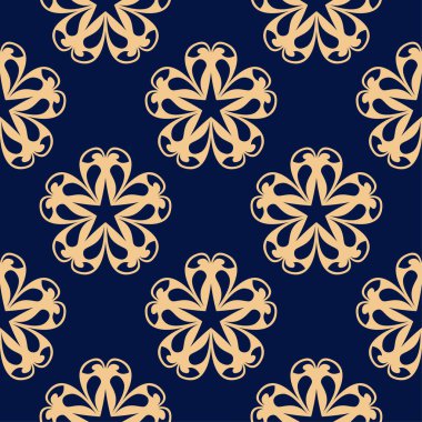Koyu mavi zemin üzerine altın çiçek süsleme. Tekstil ve duvar kağıtları için seamless modeli
