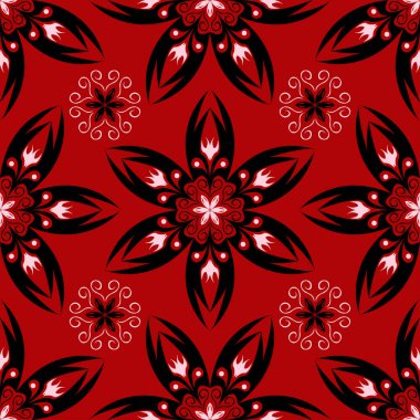 Sorunsuz kırmızı arka plan siyah ve beyaz tasarım öğeleri ile. Desen duvar kağıtları, Tekstil ve kumaş için