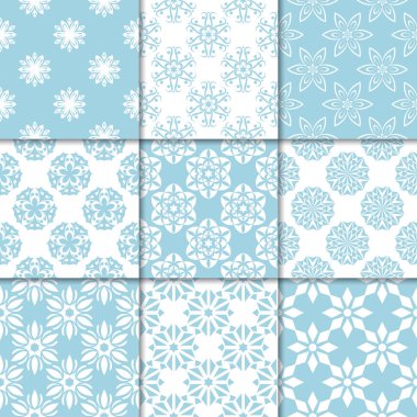 Mavi ve beyaz çiçekli süsler. Kağıt için dikişsiz desen koleksiyonu Tekstil