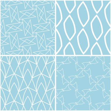 Geometrik desenler. Mavi ve beyaz sorunsuz arka planlar kümesi. Vektör çizim