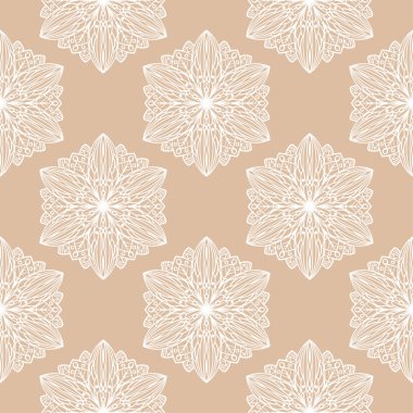 Bej renkli arka plan üzerinde beyaz çiçek süs tasarım. Tekstil ve duvar kağıtları için seamless modeli
