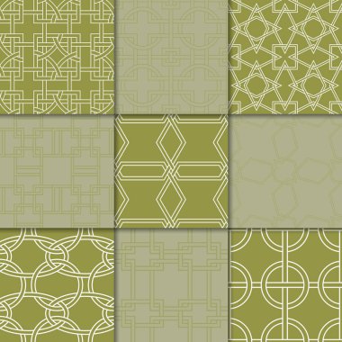 Zeytin yeşili geometrik süsler. Web, Tekstil ve duvar kağıtları için dikişsiz desen koleksiyonu