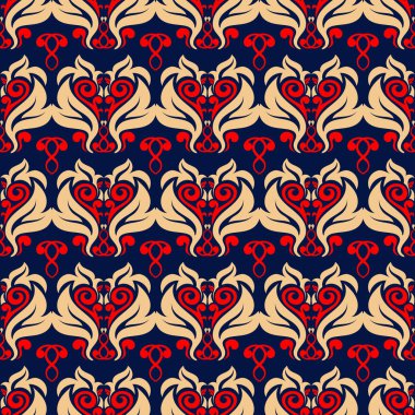 Kesintisiz mavi arka plan. Çiçek bej ve kırmızı desenli duvar kağıtları ve tekstil