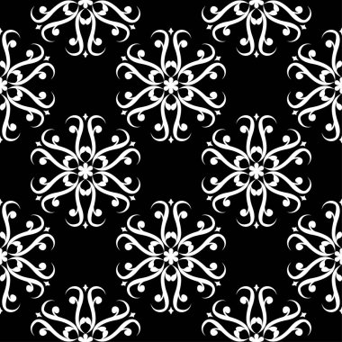 Siyah arka plan üzerine beyaz çiçek süsleme. Tekstil ve duvar kağıtları için seamless modeli