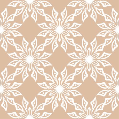 Bej renkli arka plan üzerinde beyaz çiçek süs tasarım. Tekstil ve duvar kağıtları için seamless modeli