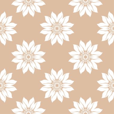 Bej renkli arka plan üzerinde beyaz çiçek süsleme. Tekstil ve duvar kağıtları için seamless modeli