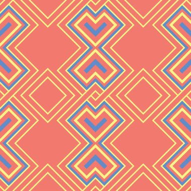 Geometrik parlak çok sorunsuz arka plan renkli. Turuncu arka plan üzerinde öğeleri mavi ve bej. Duvar kağıtları ve kumaşlar için tasarım