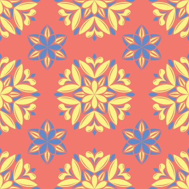 Çiçek kırmızı seamless modeli. Arka plan duvar kağıtları, Tekstil ve kumaş için sarı ve mavi çiçek öğeleri ile parlak renkli