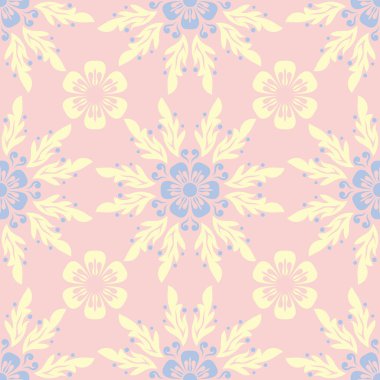 Çiçek soluk pembe seamless modeli mavi ve bej tasarımları ile. Arka plan duvar kağıtları, Tekstil ve kumaş için