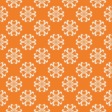 Turuncu zemin üzerine beyaz çiçek süsleme. Tekstil ve duvar kağıtları için seamless modeli
